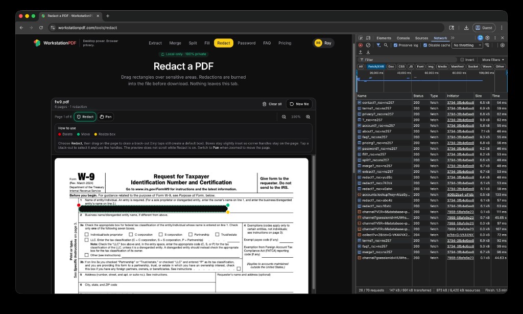 Chrome DevTools Network tab during a redact operation showing no outbound PDF upload requests.
